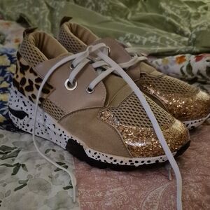 Yoki Gold and Leopard Print Sneakers Womens Size 7